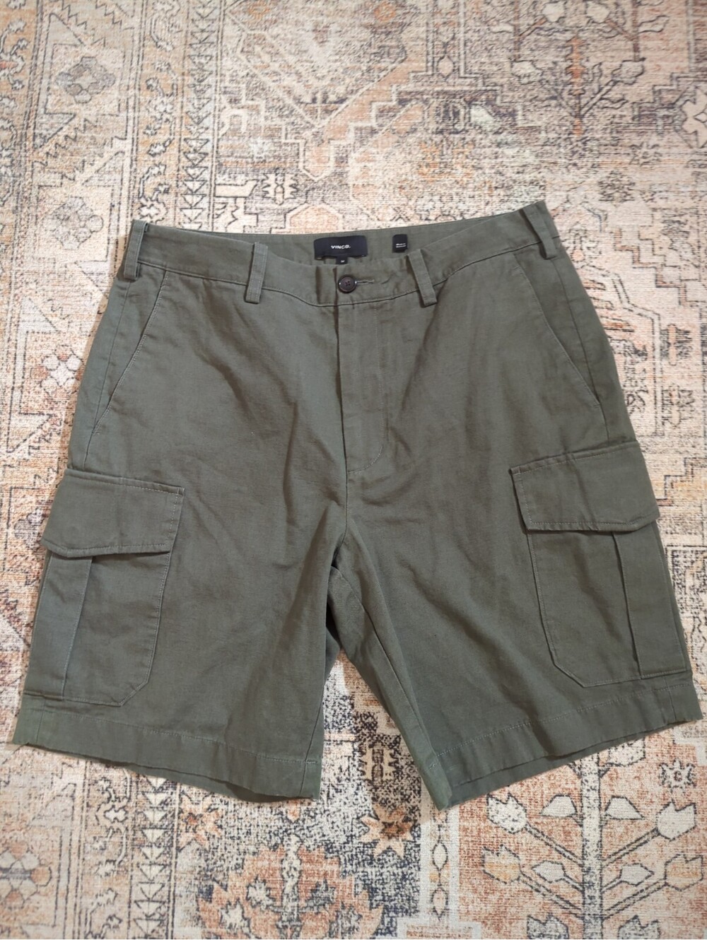 Vince Men's Drop-Rise Military Cargo Shorts Green Casual Linen Cotton Sz 32